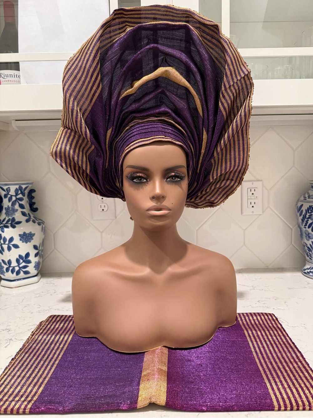 Purple & Gold Traditional African Bridal Aso-Oke Auto Gele 2p Set Gele and Ipele